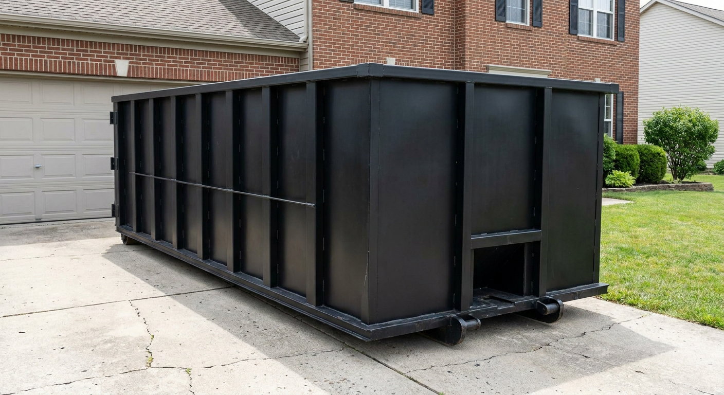Matte-black 20-yard roll-off container on a Oxnard residential concrete driveway with reinforced ribbed steel sidewalls and a hinged rear walk-in door, clean bright daylight.