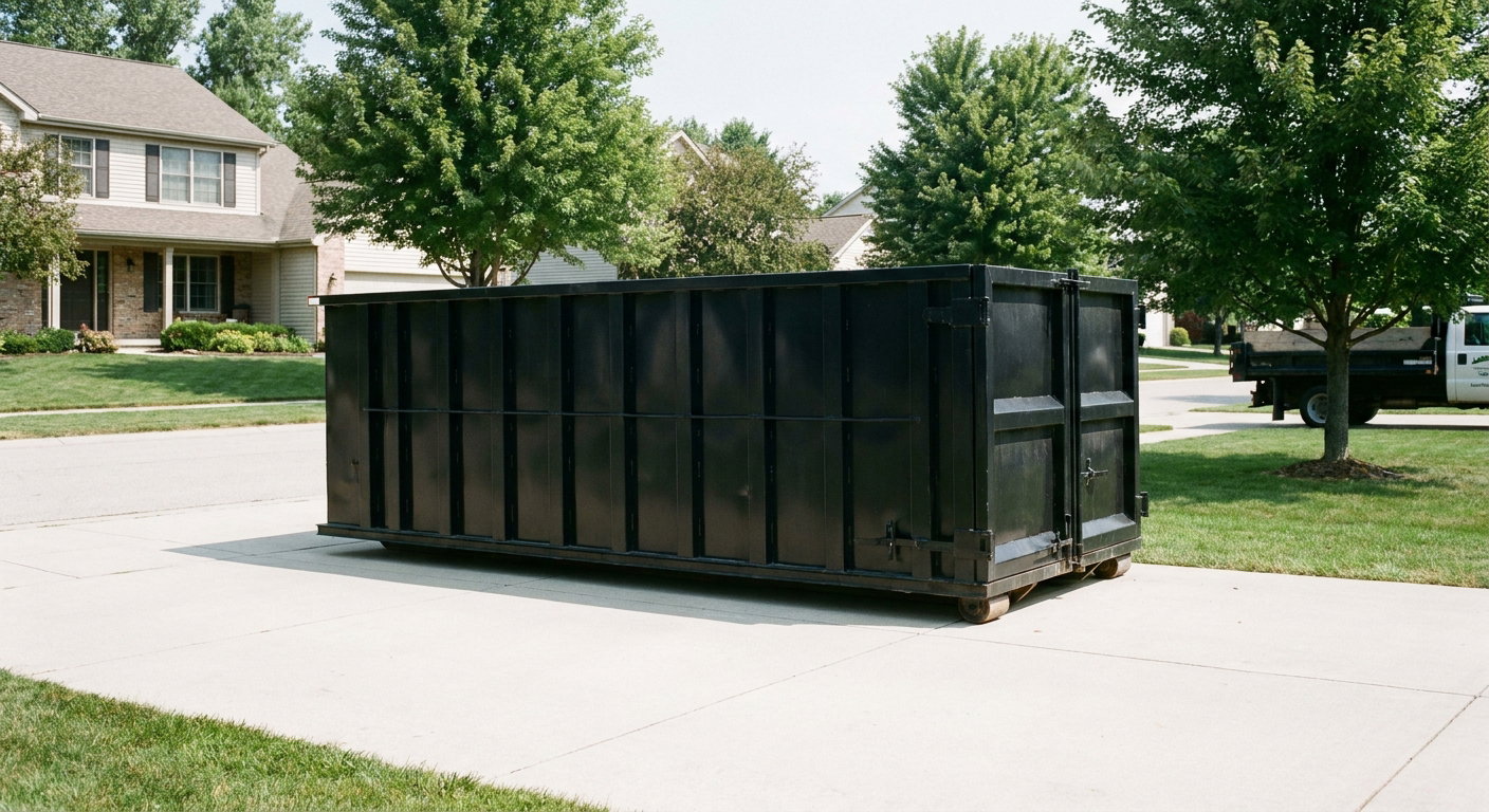 Matte-black 20-yard roll-off dumpster sitting level on a clean Oxnard residential concrete driveway under bright daylight, demonstrating clean placement directly on the concrete.