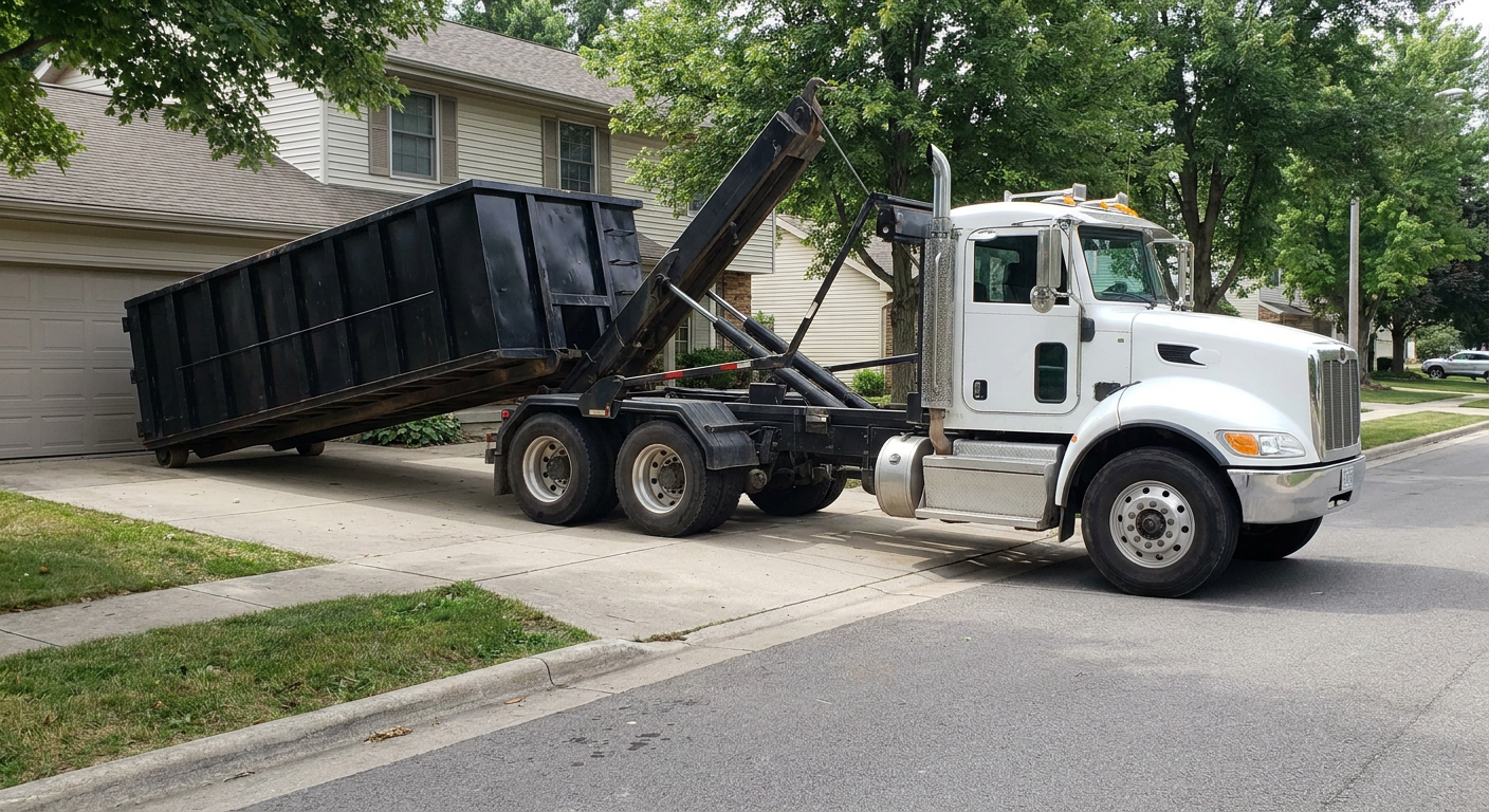 White-cab hooklift roll-off truck actively lowering a matte-black dumpster onto a Oxnard residential concrete driveway, the dumpster's rear wheels touching the driveway as the hoist arm tilts the bed forward, mid-morning daylight.
