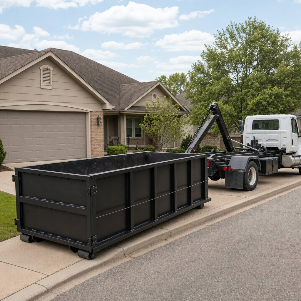 Wide documentary shot of a matte-black roll-off dumpster on a Oxnard residential driveway in the foreground and a contractor jobsite container in the soft-focus background, bright daylight, calm and orderly composition.