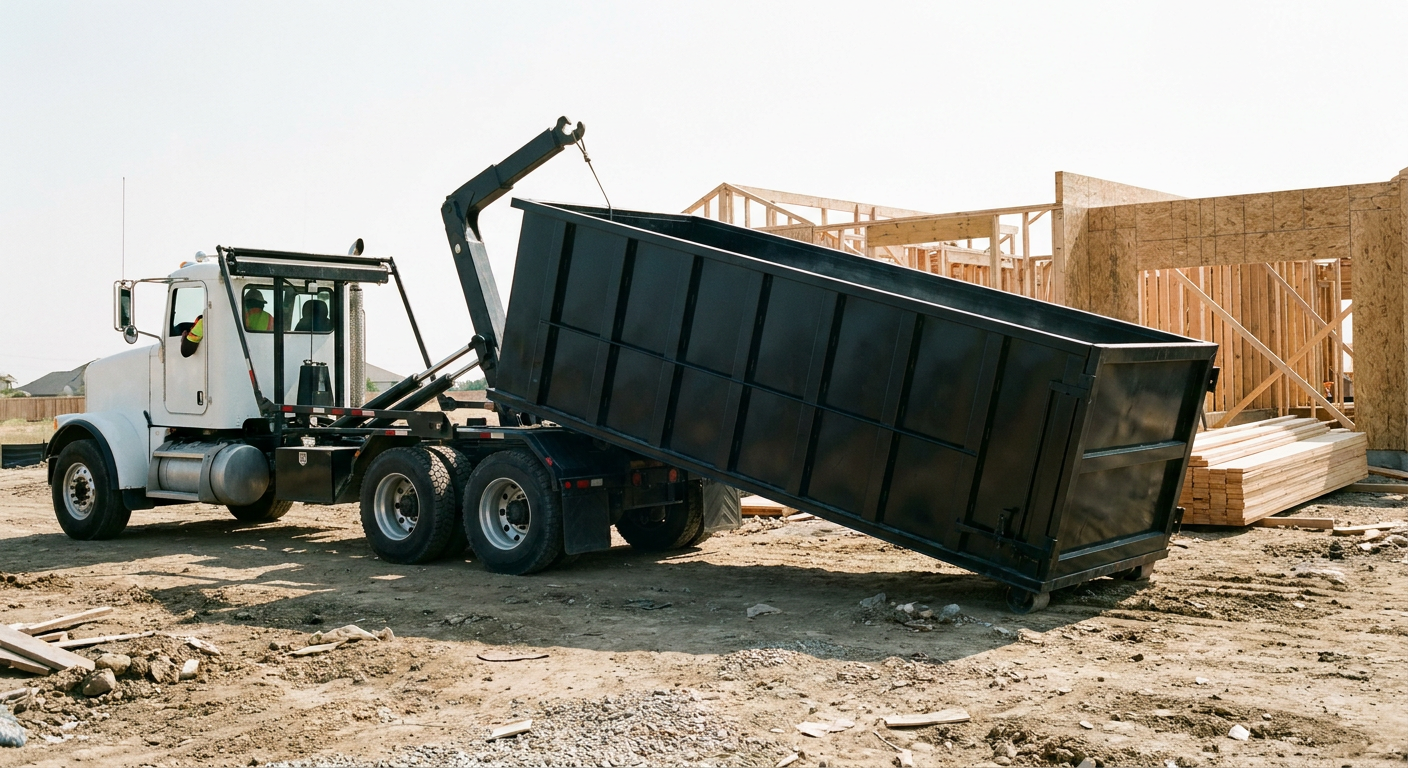 Matte-black roll-off dumpster being delivered onto a clean residential concrete driveway in Oxnard by an unmarked white hooklift hauler truck, bright morning daylight, documentary 35mm perspective.
